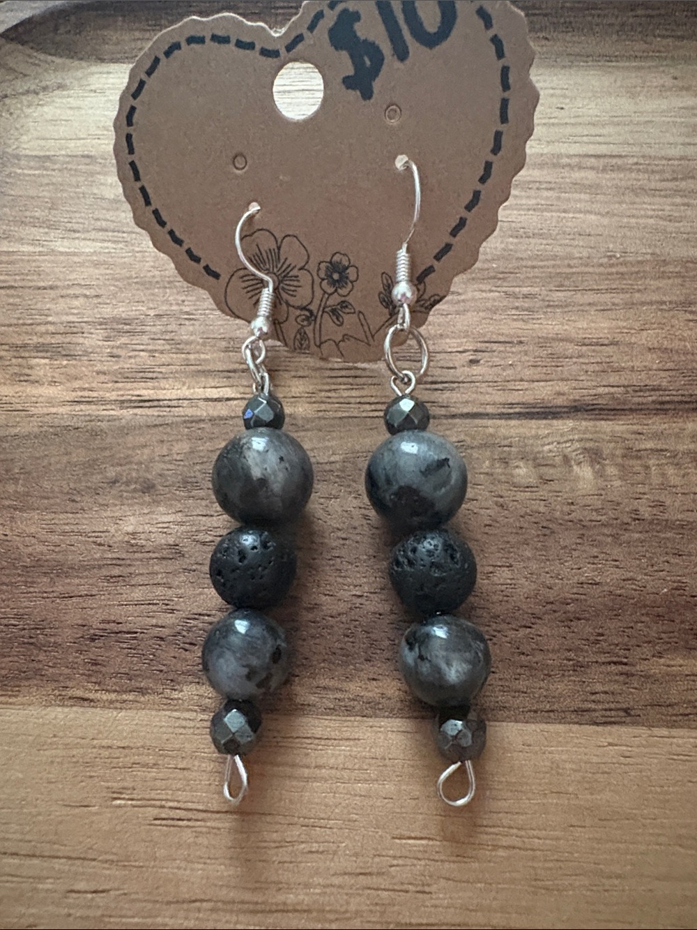 Handmade Black & Gray Beaded Drop Earrings- Labradorite, Lava Stone, Hematite